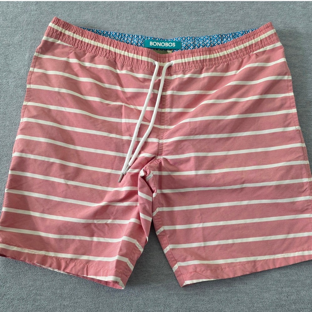 Bonobos Mens Striped Swim Trunks Pink White Drawstring Mesh Lining Small 16426